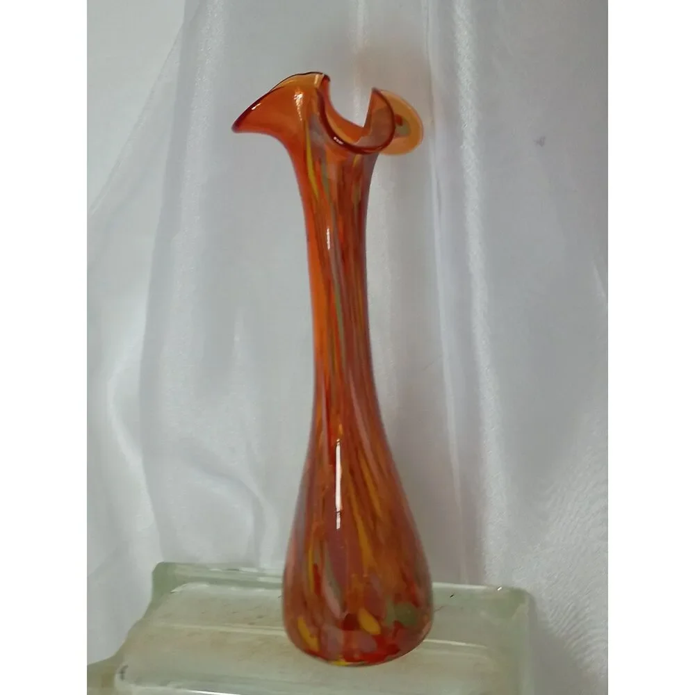 Kelvin's Blown Glass Long Ruffled Neck Swung Vase from Japan~Vintage~